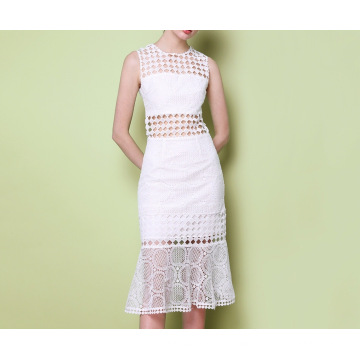 Pure White Long Couture Geometrical Pattern Fishtail Ladies Dress